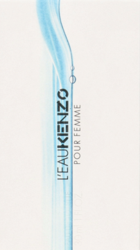 Front opakowania wody toaletowej Kenzo L'Eau Pour Femme, białe z falującym błękitnym wzorem i napisem.