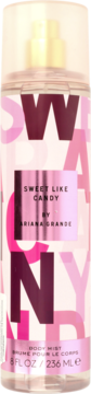 Front view of Ariana Grande Sweet Like Candy body mist, pink bottle with "SWEET LIKE CANDY" label, 236ml.
