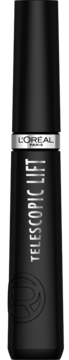 Czarna maskara L'Oréal Paris Telescopic Lift, pionowy widok z przodu, ze srebrnym logo i nazwą na tubce.