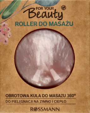 Brązowe opakowanie For Your Beauty Rollera do masażu, z okrągłym oknem ukazującym różową kulę 360°.