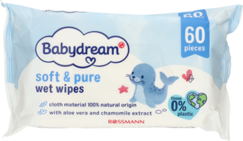 Białe opakowanie chusteczek Babydream soft & pure, 60 sztuk. Widok z przodu, z foczką, aloesem i rumiankiem.