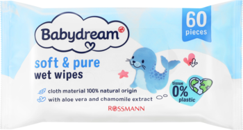 Chusteczki nawilżane Babydream soft & pure, 60 sztuk, z aloesem i rumiankiem, 0% plastiku, widok z przodu.