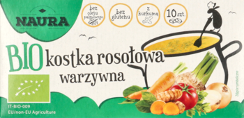 Zielono-białe opakowanie Naura BIO kostka rosołowa warzywna, z rysunkiem garnka z zupą i warzyw.