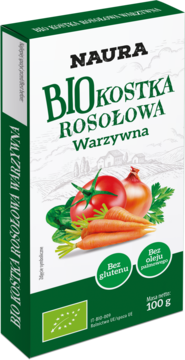 NAURA BIO kostka rosołowa warzywna, zielono-białe pudełko z warzywami, bez glutenu, bez oleju palmowego.