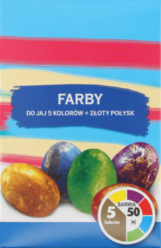 Opakowanie farb do jajek z 5 kolorami i złotym połyskiem, na tle pasów, z barwnymi pisankami u dołu.