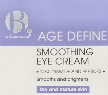Fioletowe opakowanie kremu pod oczy B. by Superdrug AGE DEFINE z niacynamidem i peptydami, widok z przodu.