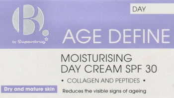 Front pudełka B. AGE DEFINE MOISTURISING DAY CREAM SPF 30, fioletowo-beżowe, dla skóry dojrzałej, kolagen, peptydy.