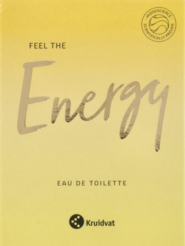 Żółte opakowanie wody toaletowej Kruidvat Feel the Energy, widok z przodu, z błyszczącym napisem i logo MoodScience.