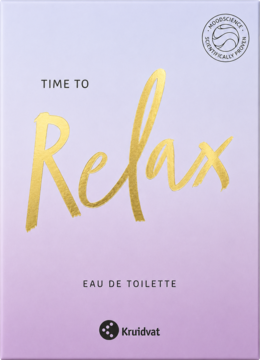 Kruidvat Time to Relax damska woda toaletowa w fioletowym pudełku ze złotym napisem "Relax", widok z przodu.