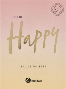 Pudełko Kruidvat Just Be Happy Eau de Toilette, różowo-beżowy gradient, złoty napis, logo MoodScience. Widok z przodu.