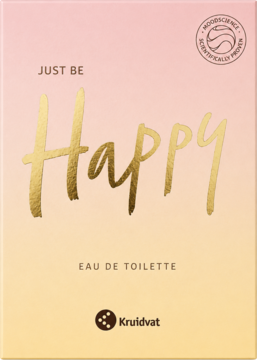 Woda toaletowa Just be Happy Kruidvat, różowo-pomarańczowe opakowanie z MoodScience i złotym napisem Happy.