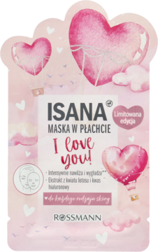 Maska Isana I Love You w płachcie, różowa, edycja limitowana, z sercami, lotosem i hialuronem.
