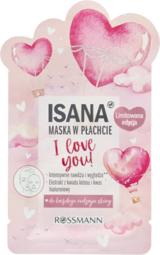 Maska Isana I Love You w płachcie, różowa, edycja limitowana, z sercami, lotosem i hialuronem.