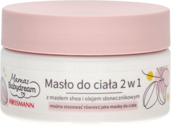 Biały słoik Mamas Babydream Masło do ciała 2w1, z różową nakrętką, z masłem shea i olejem słonecznikowym.