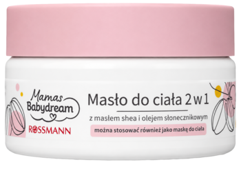 Biały słoiczek Mamas Babydream Masło do ciała 2w1 z różową pokrywką, widok z przodu, z masłem shea i olejem słonecznikowym.