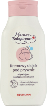 Mamas Babydream kremowy olejek pod prysznic z olejem migdałowym i słonecznikowym, biała butelka, widok z przodu.