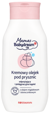 Mamas Babydream kremowy olejek pod prysznic, biała butelka z różową nakrętką, olejek migdałowy i słonecznikowy, widok z przodu.