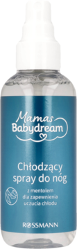 Mamas Babydream chłodzący spray do nóg z mentolem, w przezroczystej butelce z niebieską etykietą, widok z przodu.