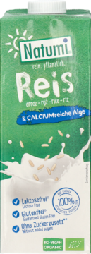 Zielony karton Natumi Reis, napój ryżowy z wapniem, przód, z grafiką mleka i ryżu, bez laktozy, glutenu, cukru.