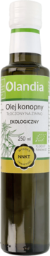 Olandia ekologiczny olej konopny tłoczony na zimno, zielona butelka 250ml, biała etykieta z przodu.