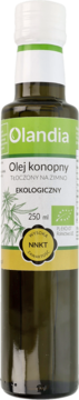Olandia ekologiczny olej konopny tłoczony na zimno, zielona butelka 250ml, biała etykieta z przodu.