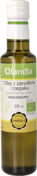 Front butelki ekologicznego oleju rzepakowego Olandia 250ml, tłoczonego na zimno, z etykietą Omega-3.