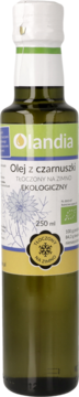 Olej z czarnuszki Olandia 250ml w ciemnej butelce, biało-zielona etykieta z kwiatem, widok z przodu.