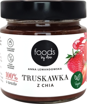 Szklany słoik Foods by Ann Truskawka z Chia, pasteryzowany, widok z przodu, z brązowo-czerwonym dżemem i czarną zakrętką.