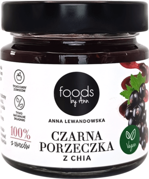 Słoik Foods by Ann Czarna Porzeczka z Chia, 100% owoców, bez dodanych cukrów. Widok z przodu, biała etykieta.