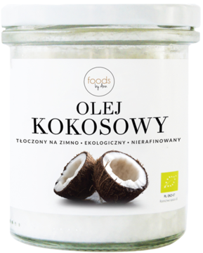 Szklany słoik ekologicznego, nierafinowanego oleju kokosowego foods by... tłoczonego na zimno, widok z przodu.