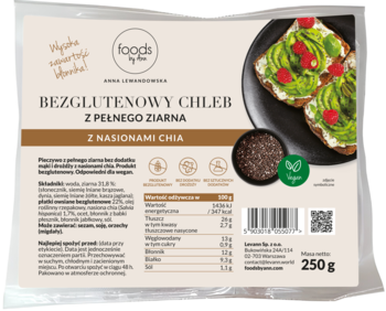 Front opakowania chleba bezglutenowego Foods by Ann z pełnym ziarnem i chia, z grafiką tostów z awokado, 250g.