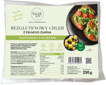 FOODS BY ANN ,bezglutenowy chleb z pełnego ziarna z oliwkami,przód
