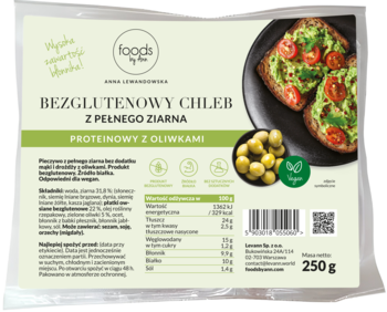 Opakowanie bezglutenowego chleba z pełnego ziarna Foods by Ann z oliwkami, widoczne pieczywo z awokado.