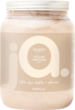 Duży, przezroczysty słoik Levann Vegan Protein Vanilla o smaku waniliowym, jasnobeżowy proszek, widok z przodu.