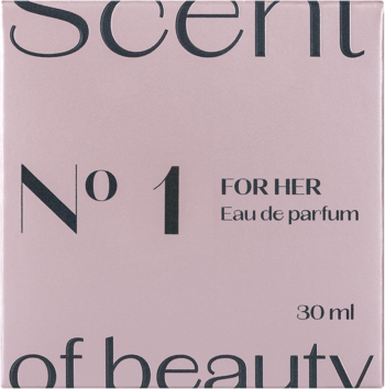 Scent of beauty N°1 woda perfumowana dla kobiet, jasnoróżowe pudełko z czarnym napisem, widok z przodu.