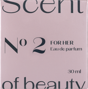 Różowe pudełko Scent of beauty N°2 woda perfumowana dla kobiet 30 ml, z ciemnym napisem, widok z przodu.