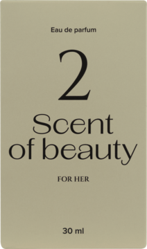 Beżowe pudełko perfum Scent of beauty 2 dla kobiet, z czarnym napisem Eau de parfum 30 ml, widok z przodu.