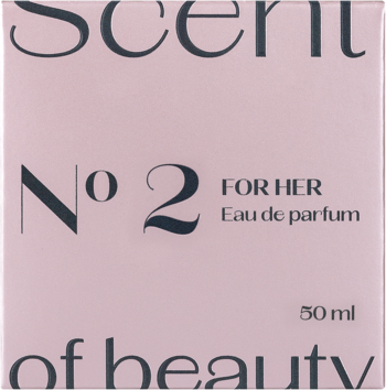 Scent of beauty N°2 woda perfumowana dla kobiet. Jasnoróżowe pudełko, widok z przodu, z ciemnymi napisami N°2, For Her, 50 ml.