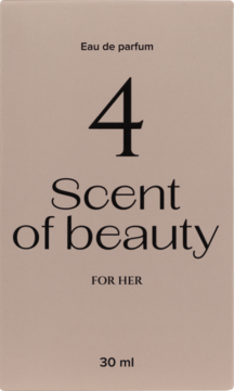 Beżowe pudełko Scent of beauty N°4 Eau de parfum 30 ml dla kobiet, z dużą cyfrą 4 i ciemnym napisem, widok z przodu.