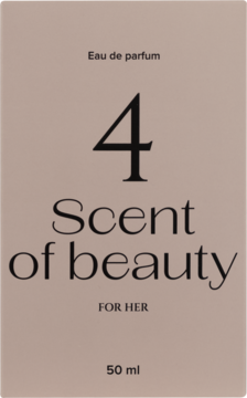 Scent of beauty N°4 woda perfumowana dla kobiet. Beżowe pudełko z czarnym napisem i cyfrą 4, widok z przodu.