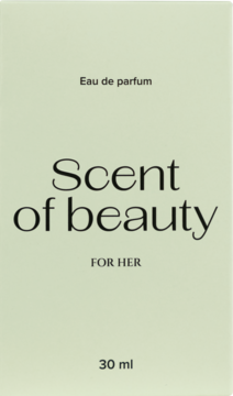 Jasnozielone pudełko wody perfumowanej Scent of beauty 30 ml dla kobiet, z czarnym tekstem, widok z przodu.