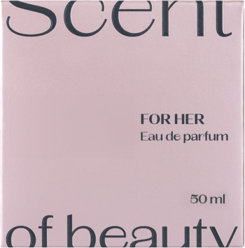 Jasnoróżowe pudełko Scent of beauty, woda perfumowana 50 ml dla kobiet, z napisem FOR HER, widok z przodu.