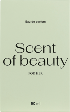 Scent of beauty woda perfumowana 50 ml, jasnozielone pudełko z czarnym tekstem 'FOR HER', widok z przodu.