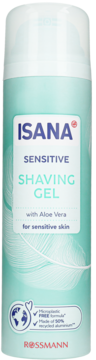 Isana Sensitive Shaving Gel Rossmann w turkusowej butelce z aloesem dla wrażliwej skóry, wzór piór.