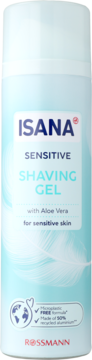 ISANA SENSITIVE SHAVING GEL z aloesem dla skóry wrażliwej, biało-błękitna butelka, widok z przodu.