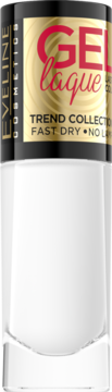 White Eveline Cosmetics Gel Laque nail polish in clear glass bottle, black cap with gold label, front view.