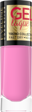 Różowy lakier do paznokci Eveline Cosmetics Gel Laque, buteleczka z czarną zakrętką i złotą etykietą, widok z przodu.