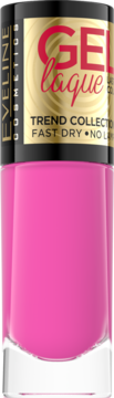 Intensywnie różowy lakier do paznokci Eveline Cosmetics Gel Laque, szybkoschnący, widok z przodu butelki.