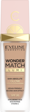 Eveline Wonder Match Lumi podkład rozświetlający SPF 20, wegański, w matowej butelce z różową nakrętką.