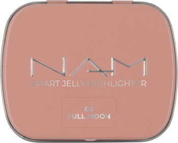 Różowy rozświetlacz NAM Smart Jelly 02 Full Moon w prostokątnym etui z srebrnym logo, widok z góry.